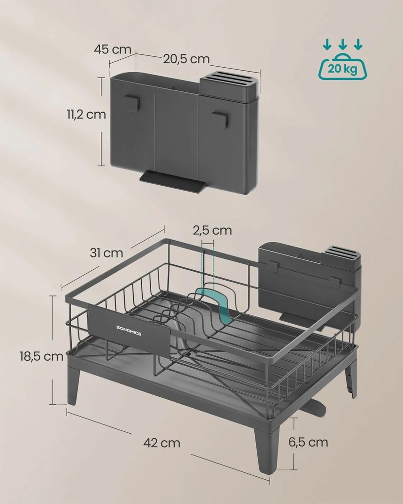 Escorredor louça giratório 31 x 42 x 18,5 cm com tabuleiro e suporte para talheres cinza antracite