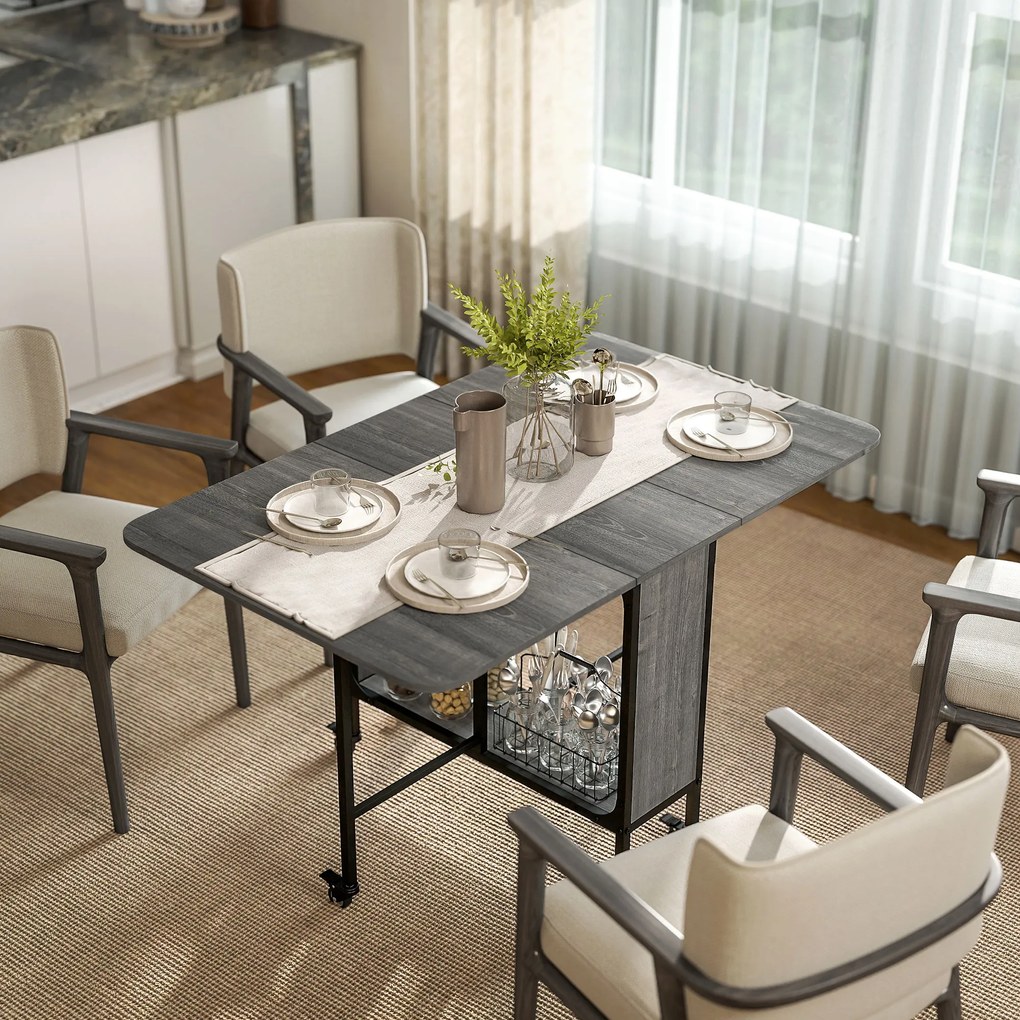 Mesa de cozinha dobrável e extensível com rodas (CADEIRAS NÃO INCLUIDAS), para até 6 pessoas, com prateleira integrada, 6 rodas, cinzenta