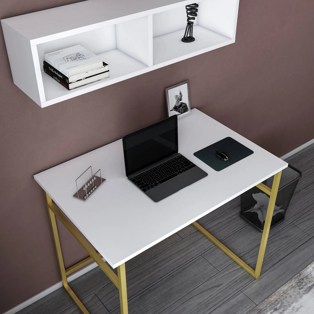 Mesa de Estudo Hussum – Dourado e Branco – 90x60x75 cm