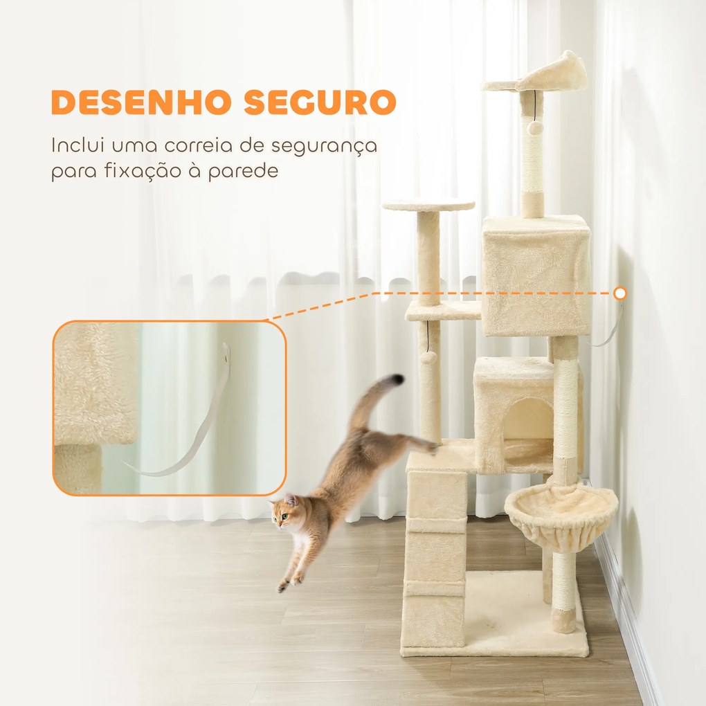 Arranhador para Gatos com Múltiplas Plataformas Cama 2 Cavernas Rede Escada Postes de Sisal 56x56x180 cm Bege