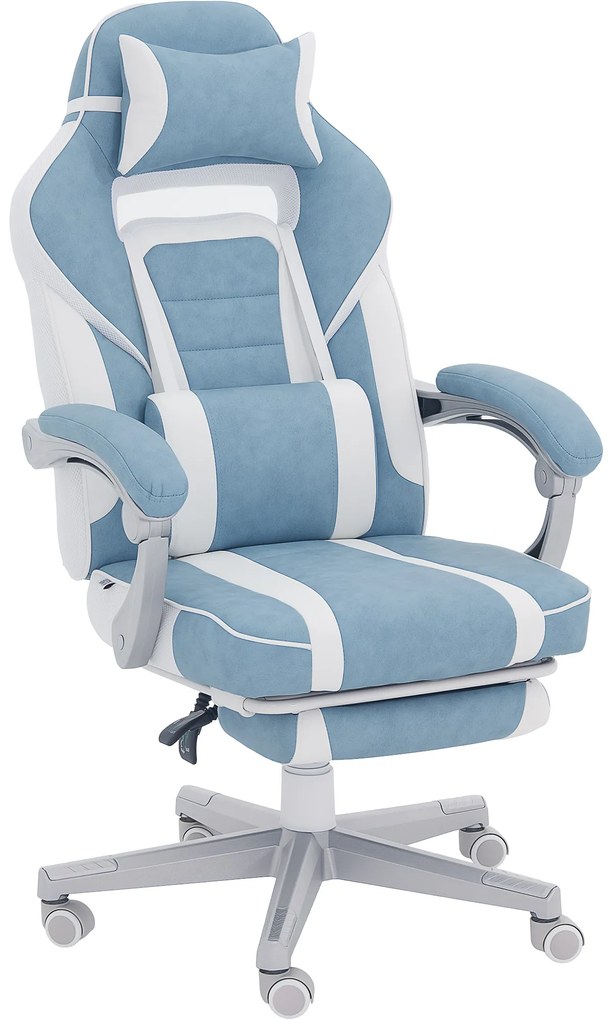 HOMCOM Cadeira Gaming Cadeira de Escritório Reclinável Apoio para os Pés Retrátil Suporte Lombar e Almofada para a Cabeça 63x63x115,5-123 cm Azul