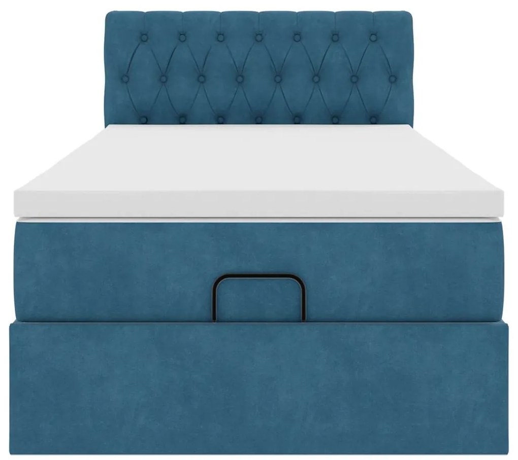Estrutura cama otomana com colchão azul escuro 90x190cm veludo