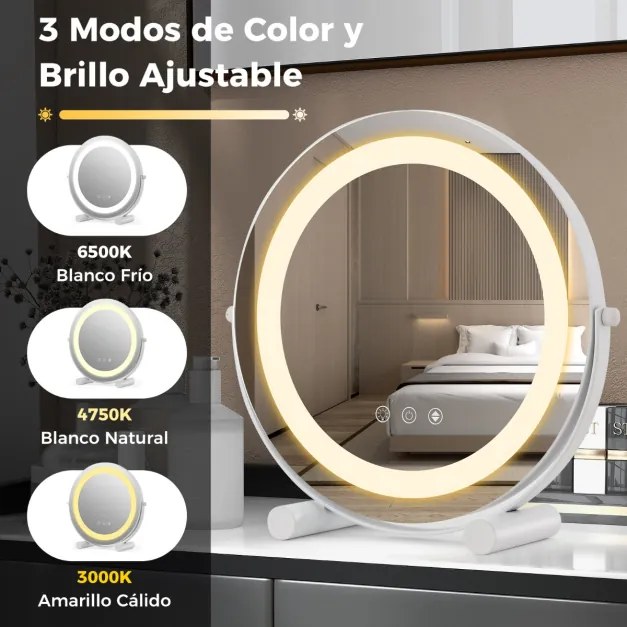 Espelho de maquilhagem LED de 30 cm com luz 3 cores ajustáveis, função de memória e ecrã tátil Espelho redondo para casa de banho e WC Branco