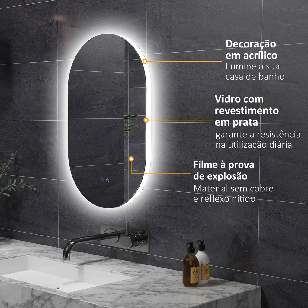 kleankin Espelho Casa de Banho com Luzes LED 81x51 cm Espelho de Parede com 3 Cores Ajustáveis Função Antiembaciamento Interruptor Tátil Horizontal ou Vertical Prata