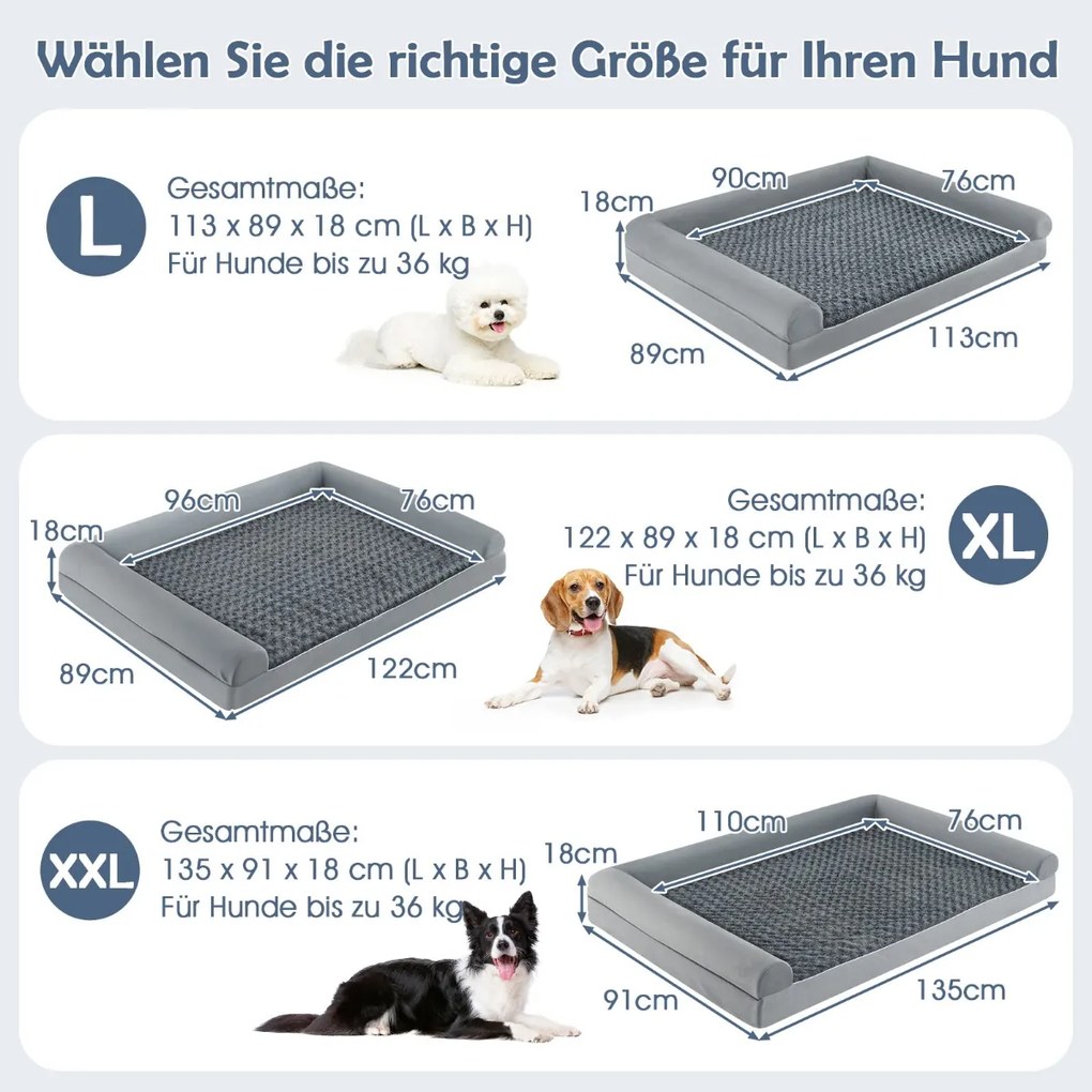 Cama ortopédica para cães grandes 113 x 89 x 18 cm com almofada para cães grandes e médios L Cinza