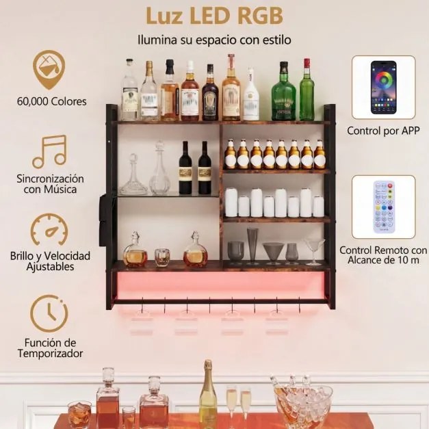 Prateleira suspensa 107 x 24 x 96 cm com luzes LED, controlo remoto via app, 6 níveis, 8 ganchos em S e bolso lateral para cozinha, bar ou casa – Cast