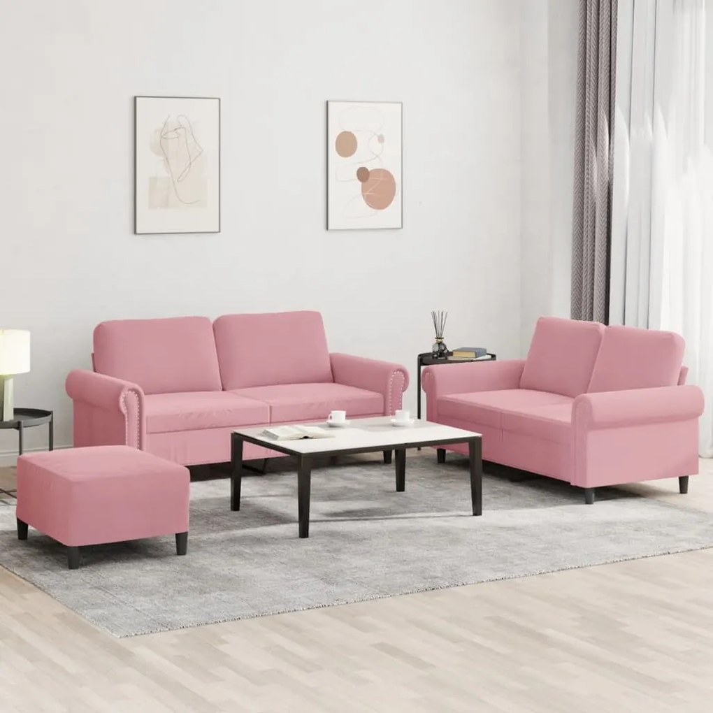 vidaXL 3 pcs conjunto de sofás com almofadões veludo rosa