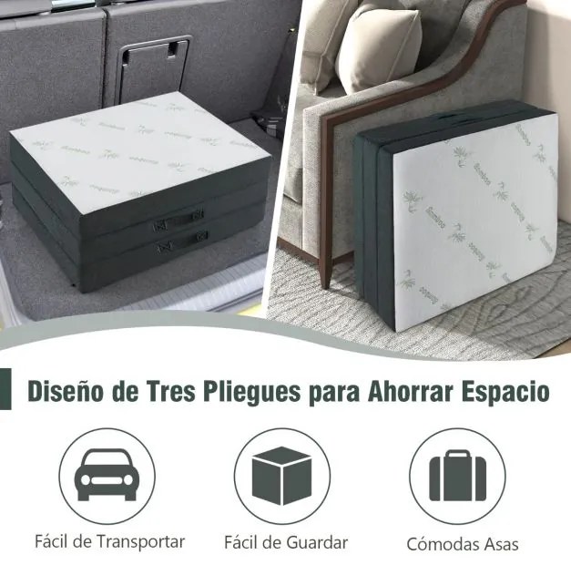 Colchão dobrável em 3 secções 193 x 80 x 10 cm de fibra de bambu e cobertura de tecido respirável com pega Branco e cinzento