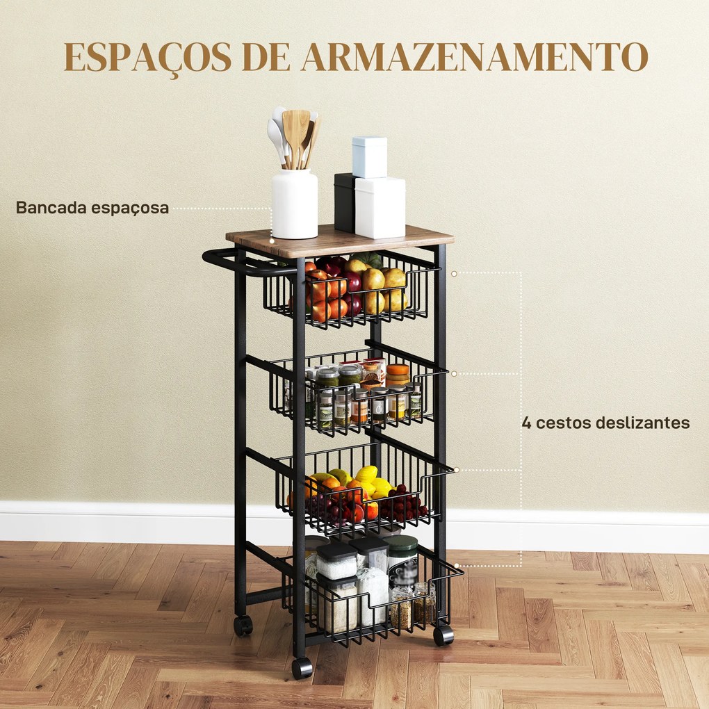 Carrinho de Cozinha com 4 Cestos Deslizáveis e Estrutura de Aço 49,5x31x91 cm Cor Carvalho