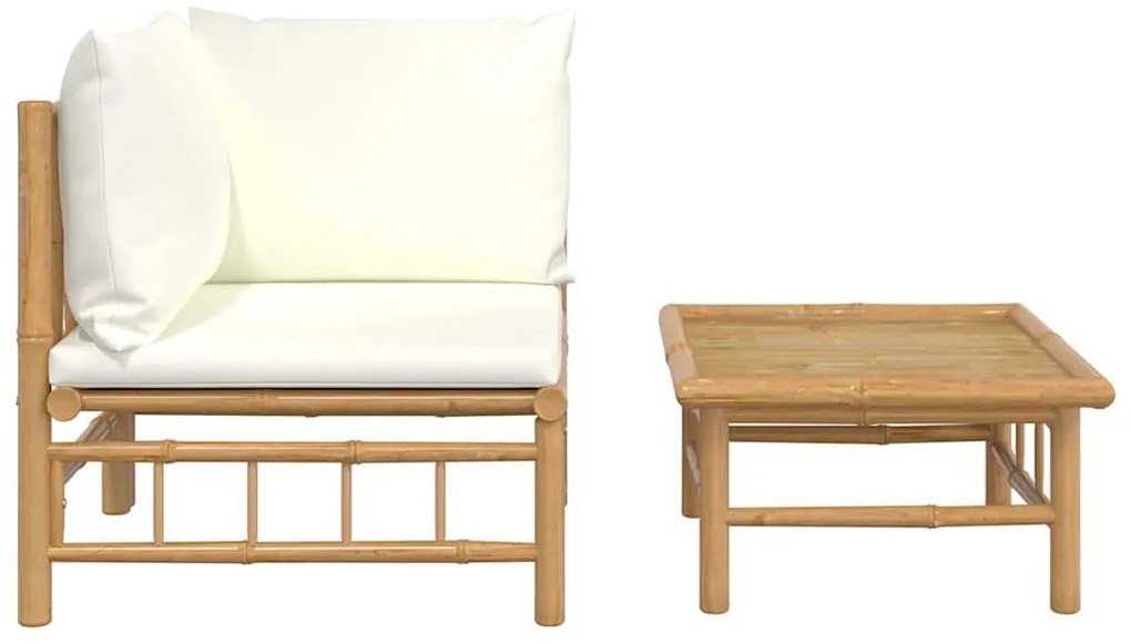 2 pcs conjunto lounge de jardim bambu c/ almofadões branco nata