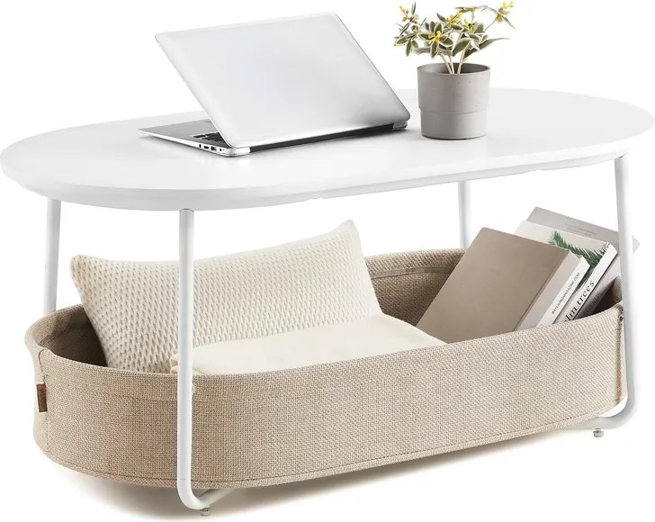 Mesa de centro oval 45 x 100 x 45,7 cm com espaço de arrumação e cesto em tecido, branco e castanho camelo