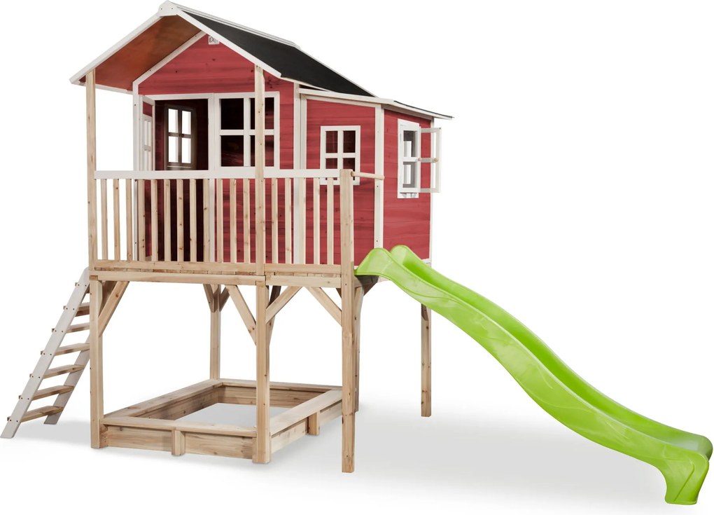 Casa de brincar infantil exterior para crianças Loft 750 em madeira com escorrega e caixa areia - Vermelha