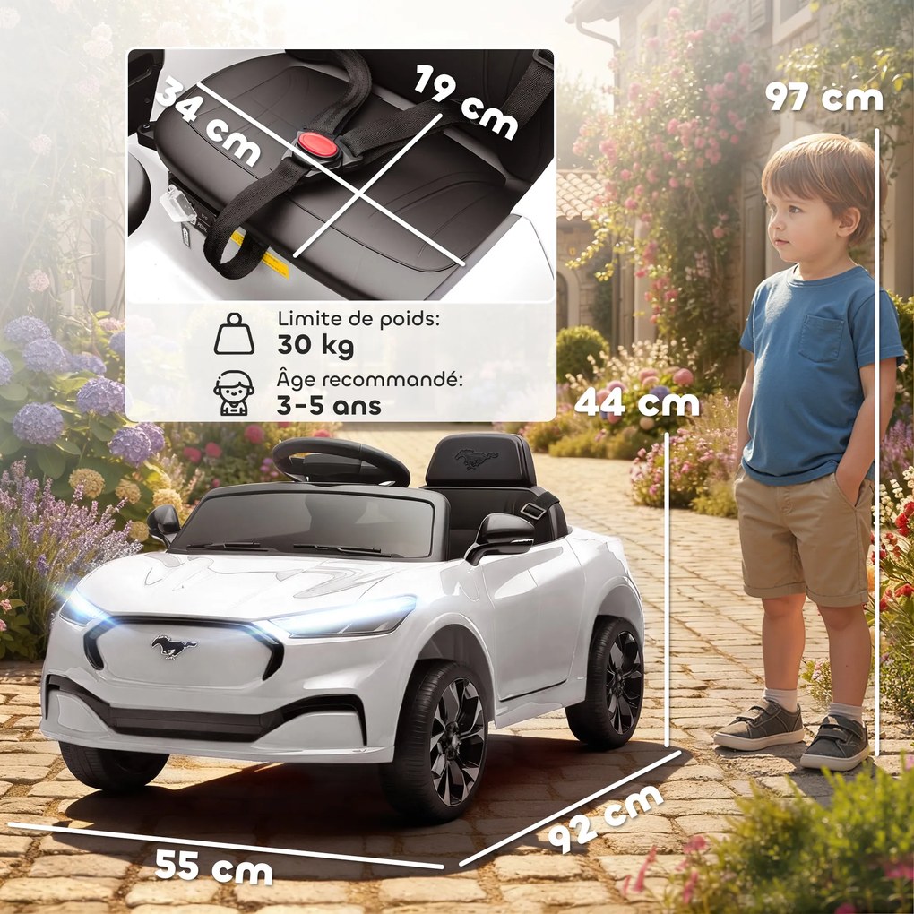 Carro elétrico infantil Ford Mustang Mach-E com licença oficial, 12 V, comando à distância de 2,4 GHz, 2 motores, 92 x 55 x 44 cm, branco