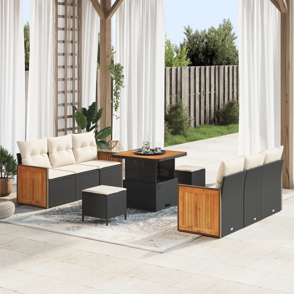 Conjunto de Sofá de Jardim vidaXL 9 Peças com Almofadas Rattan Preto Acácia