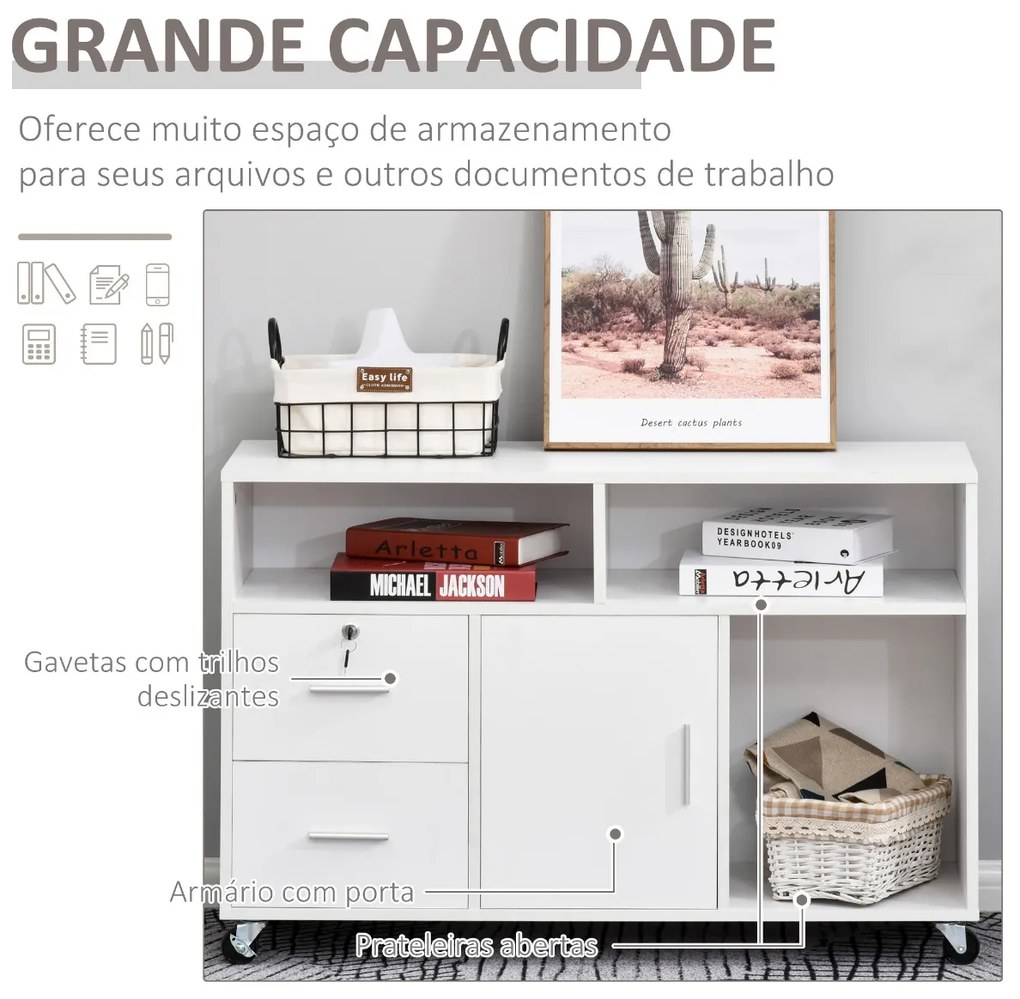 Móvel Auxiliar de Escritório Móvel Arquivador com Rodas Prateleiras Gaveta e Armário Multiuso com Grande Armazenamento 100x35x65cm Branco