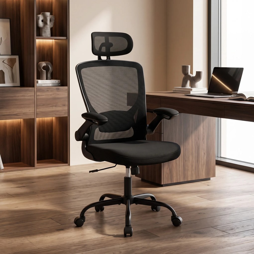 Cadeira de Escritório Ergonómica, 65 x 64 x 129 cm, Apoio Lombar e de Cabeça Reguláveis, Preto
