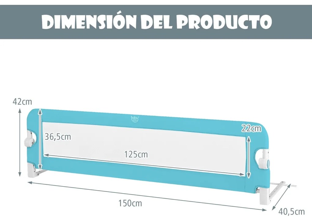 Barra proteção cama bebés Grade lateral dobrável de algodão com manga de tecido removível e lavável 150 x 40,5 x 42 cm Azul