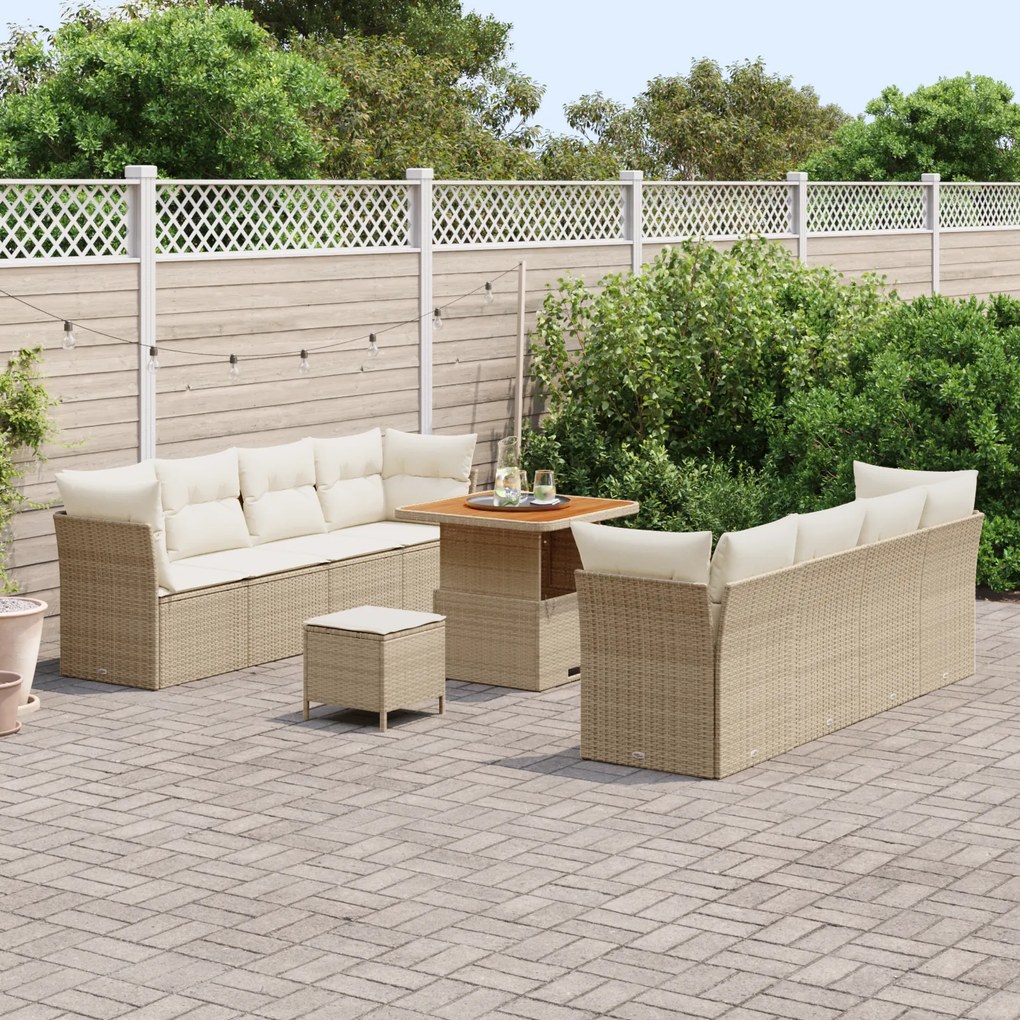 Conjunto de Sofá de Jardim de 11 Peças com Almofadas Bege Rattan Acáci