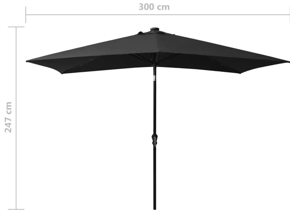 Guarda-sol de jardim com luzes LED e poste de aço 2x3 m preto