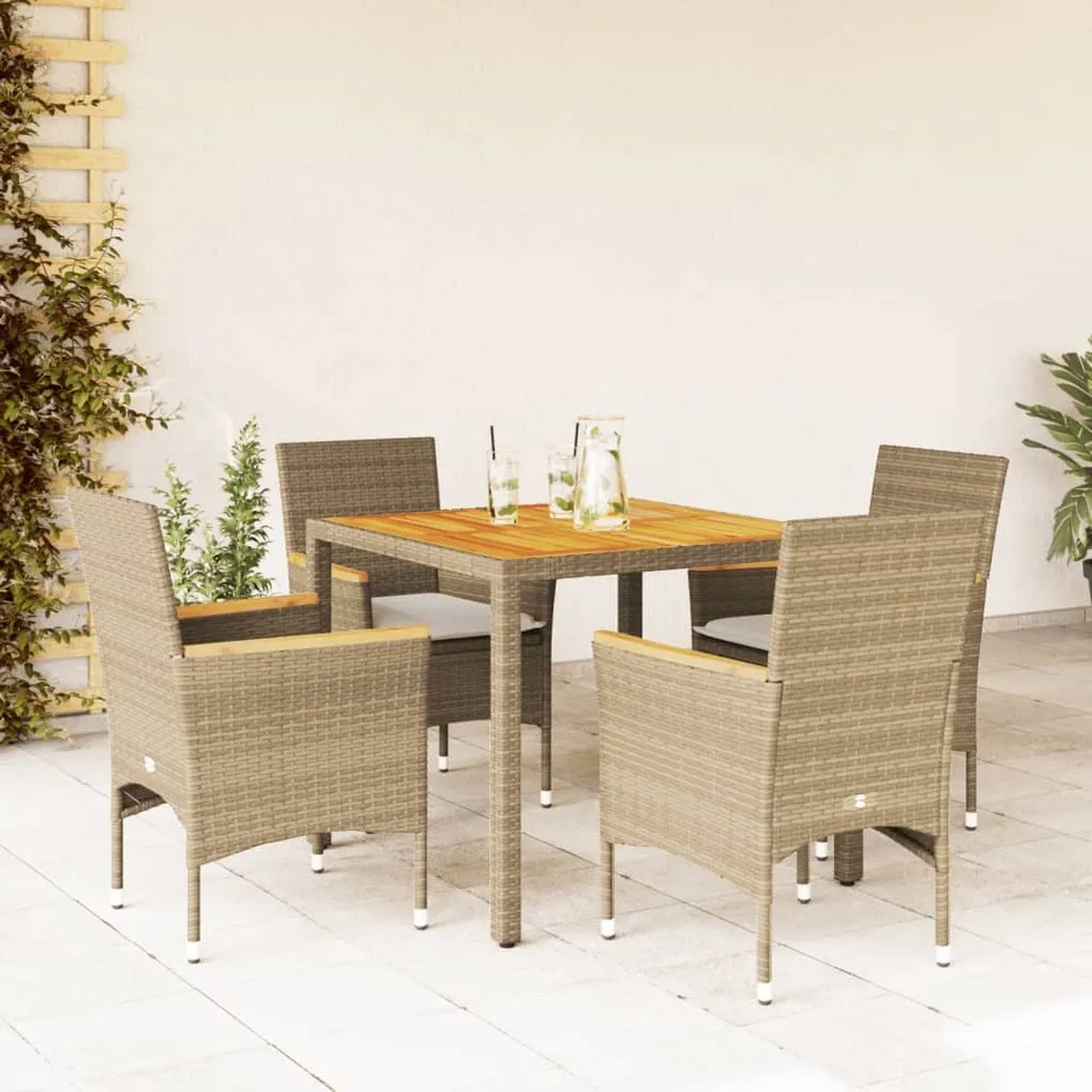 vidaXL 5 pcs conjunto jantar jardim c/ almofadões vime PE/acácia bege