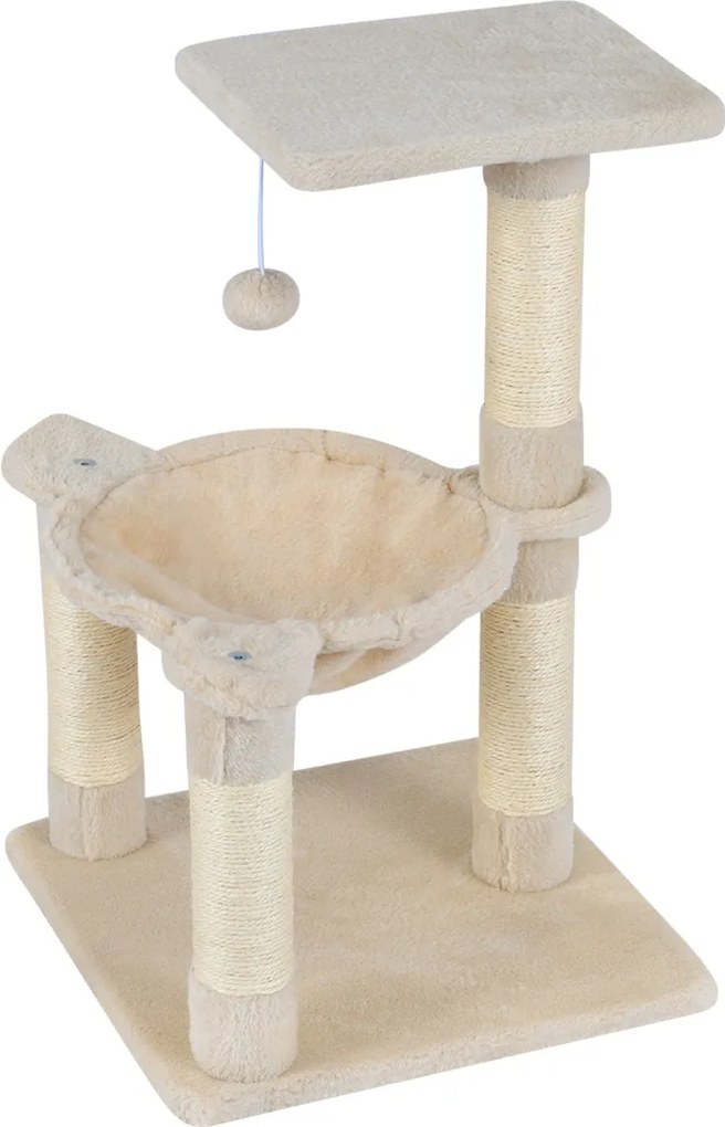 Arranhador para gatos 40 x 40 x 64 cm com rede, postes revestidos a sisal e bola de brincar bege
