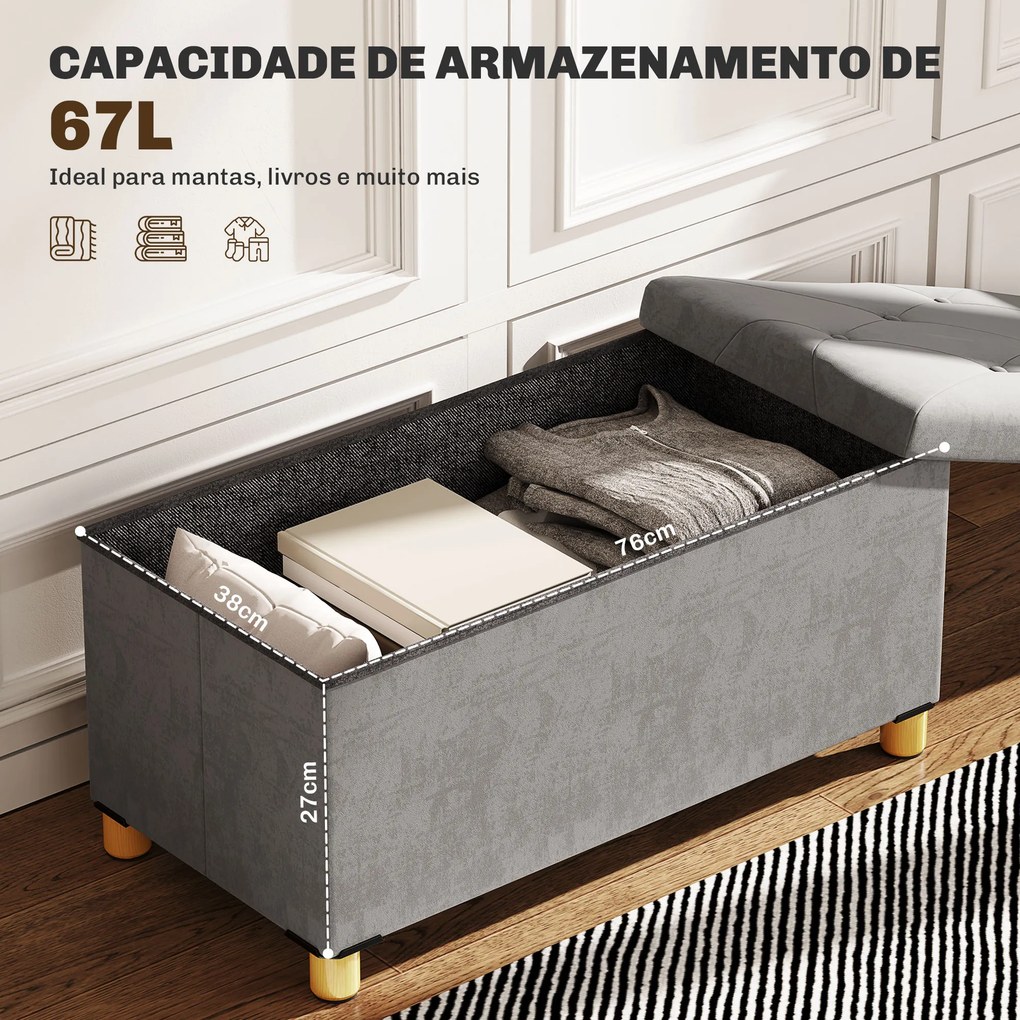 Banco de Armazenamento Dobrável Capacidade de 67 L Estofado em Veludo Carga 120 kg 76x38x38 cm Cinza