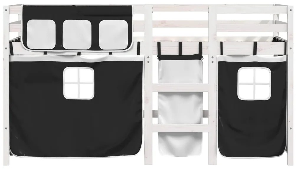 Cama alta criança c/ cortina 90x190cm pinho maciço branco/preto