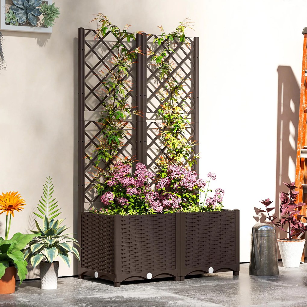 Floreira com treliça, canteiro elevado, para exterior, com 6 orifícios de drenagem, 80 x 40 x 135 cm, castanho