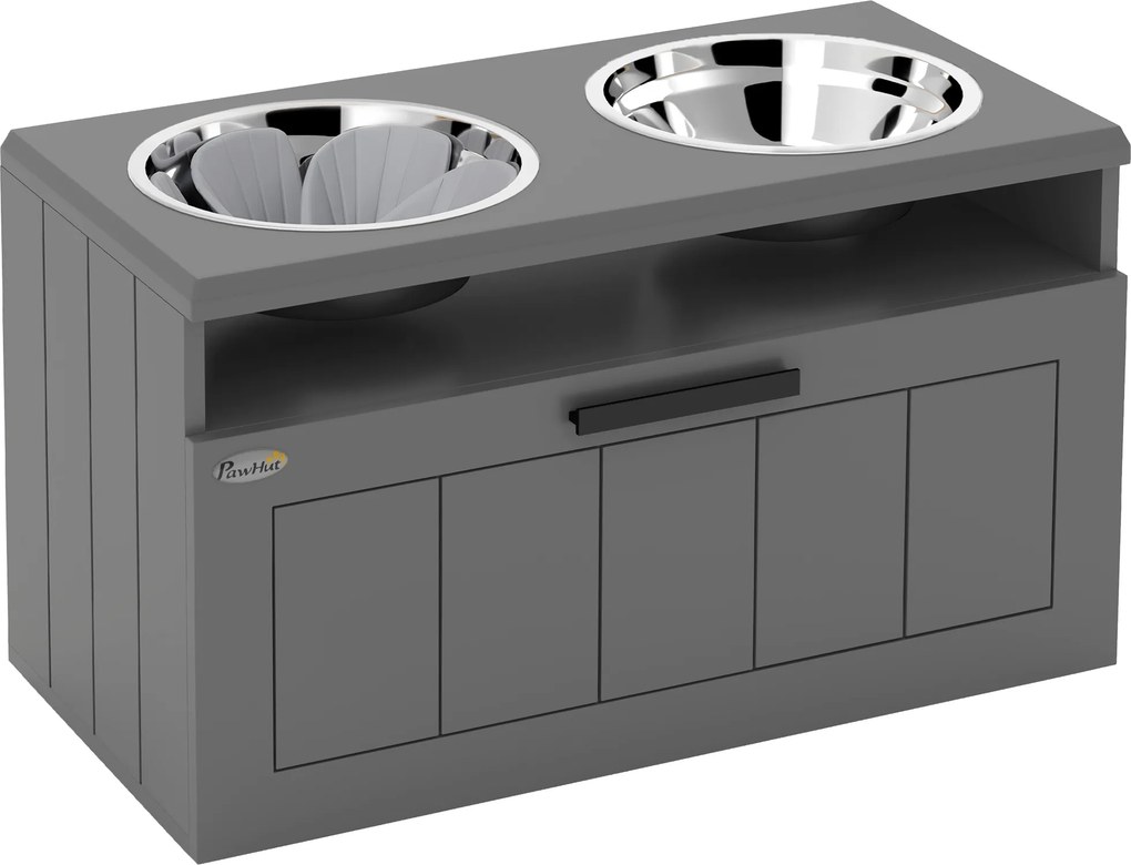 PawHut Estação de alimentação para cães grandes, com 2 tigelas de aço inox, gaveta, dispensador de ração para animais, MDF, aço, Cinza | Aosom Portugal