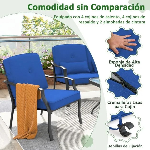 Conjunto de móveis jardim de 4 peças com 2 cadeiras Cadeira individual sofá de 2 lugares Mesa de vidro temperado para jardim Varanda Terraço Azul
