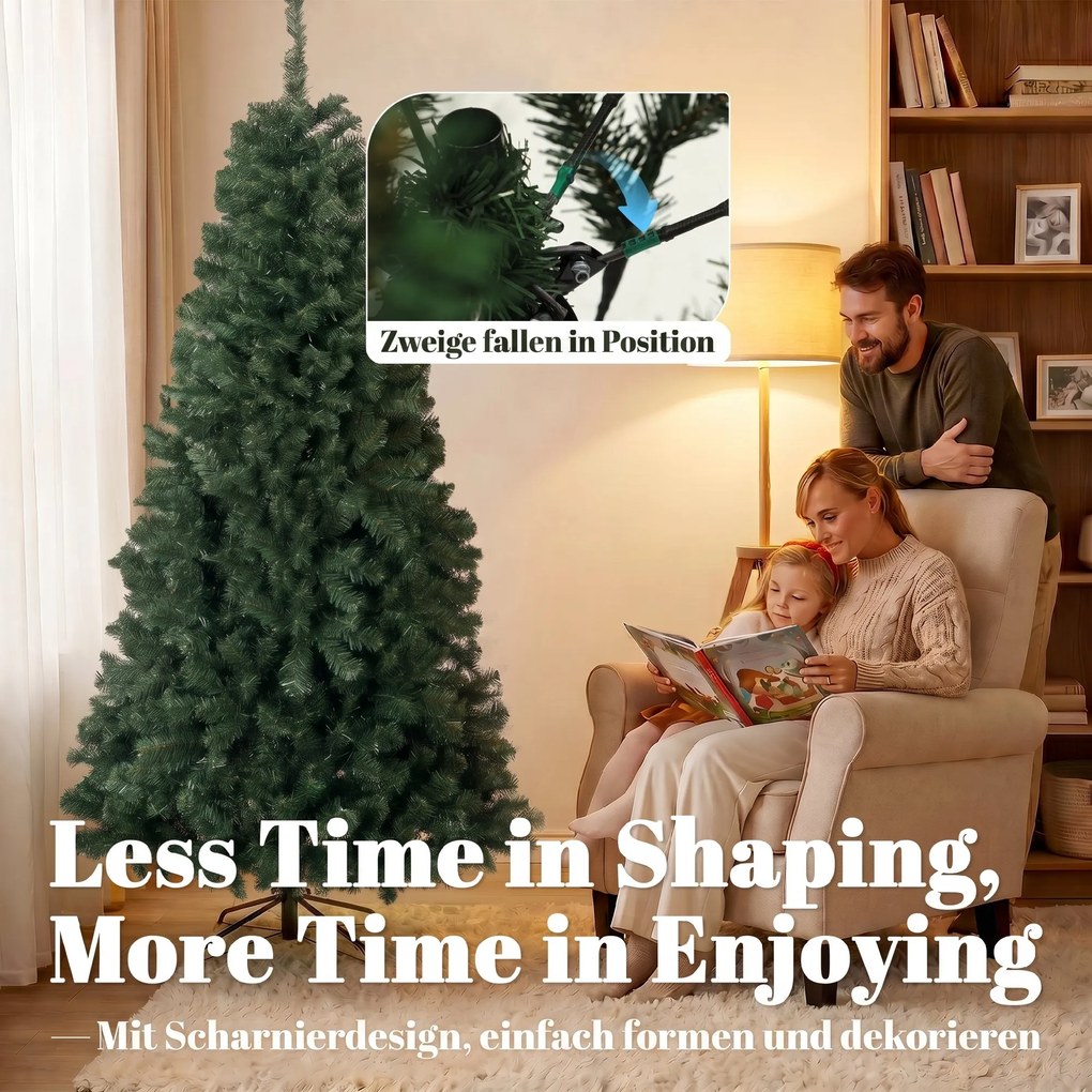 Árvore de Natal Artificial 200 cm com 1000 Ramos, Base Dobrável, Design por Secções e Montagem Fácil, Verde