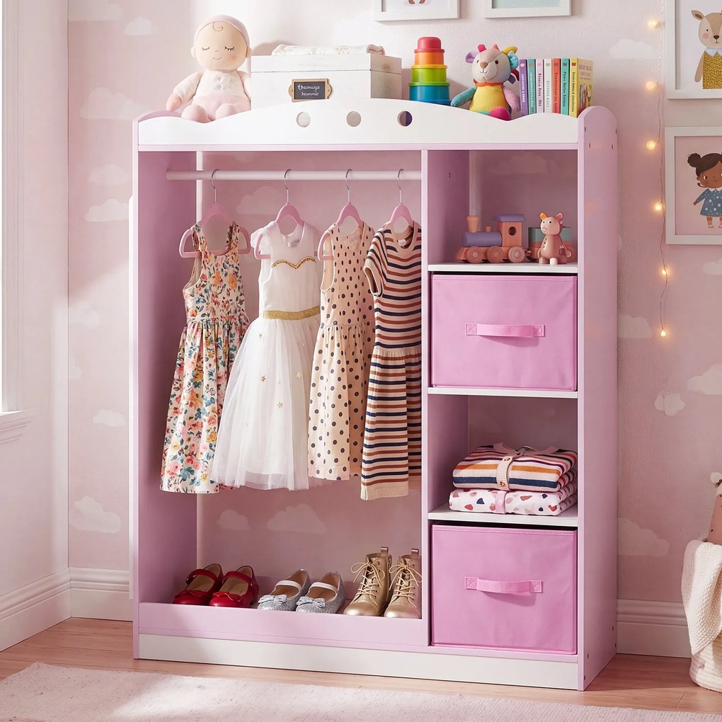 Guarda roupa Infantil com Espelho, 90 x 30 x 111,5 cm, com Gavetas e Prateleiras, Rosa