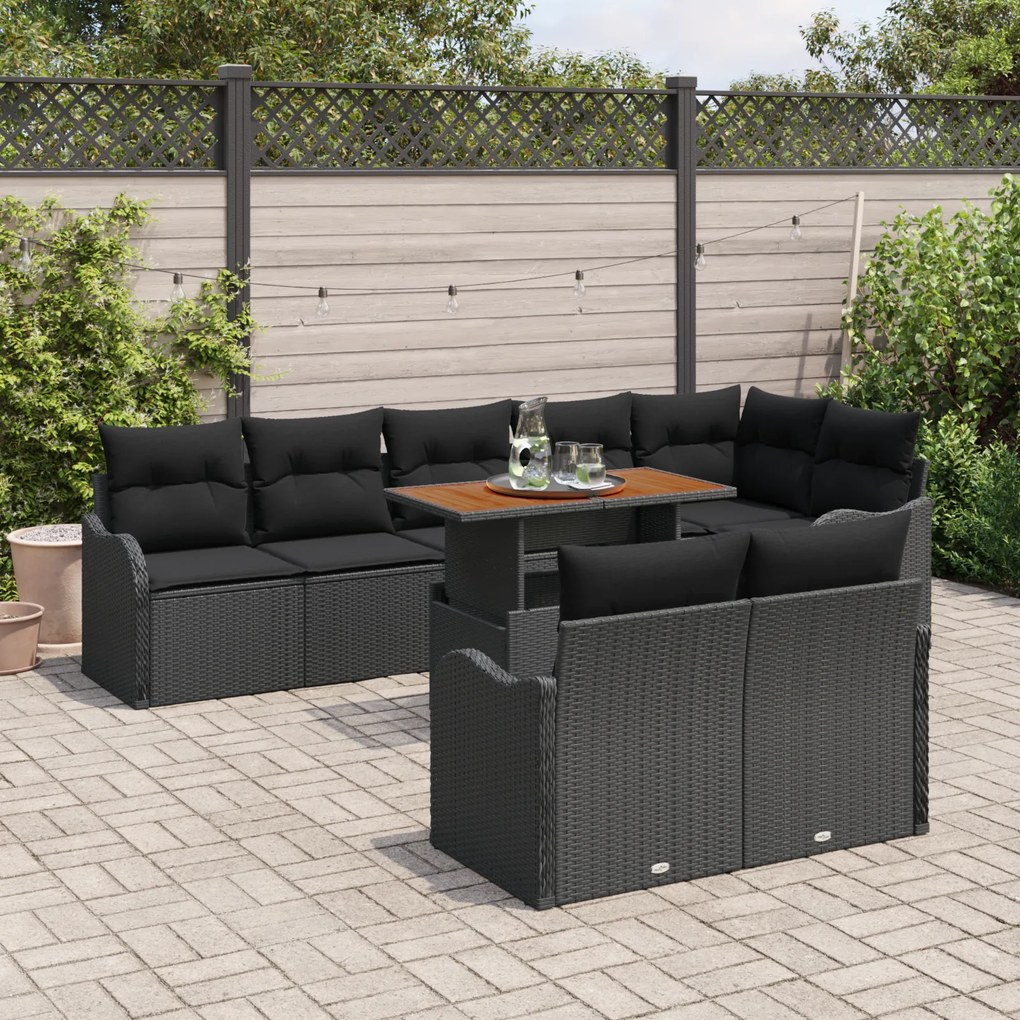 Conjunto de Sofá de Jardim de 9 Peças com Almofadas Rattan Preto