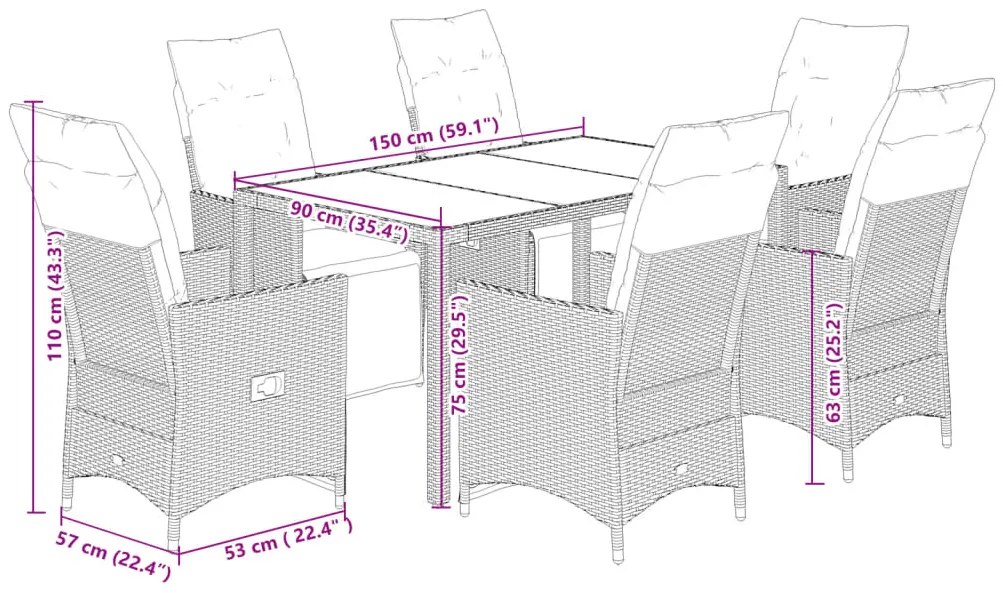 7 pcs conjunto de jantar p/ jardim c/ almofadões vime PE preto