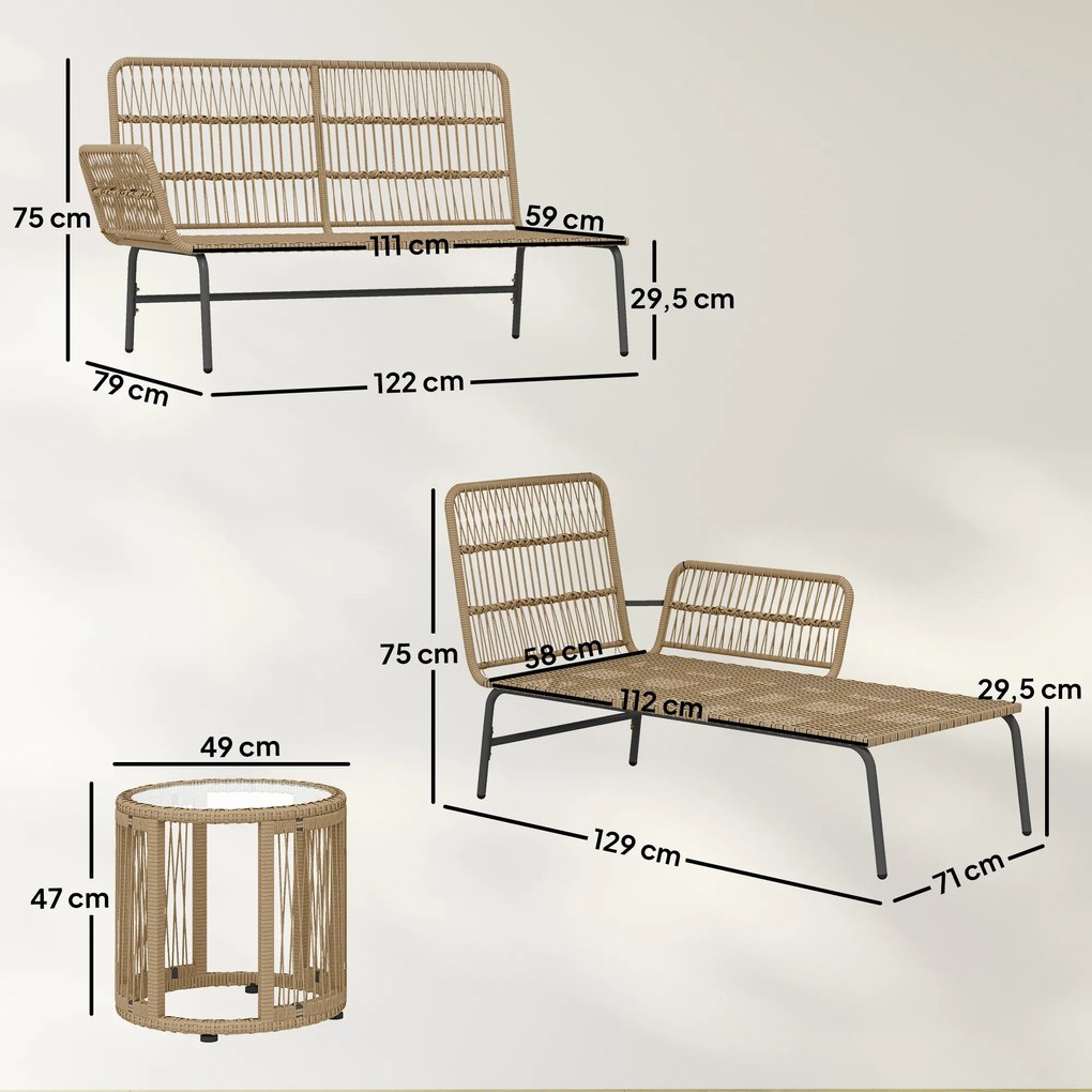 Conjunto de Móveis de Jardim Exterior em Ratã com Sofá de 2 Lugares Chaise Longue Almofadas e Mesa Creme