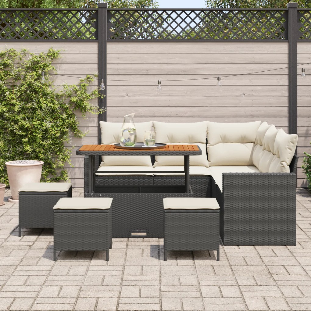 Conjunto de Sofás de Jardim de 9 Peças com Almofadas Preto Rattan Sint