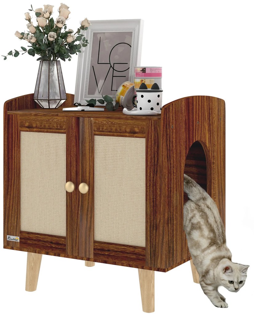 PawHut Móvel Caixa de Areia para Gatos Caixa de Areia para Gatos Mesa Auxiliar com Portas e Tapetes de Sisal Pés de Madeira para Sala Quarto 55x43x59,6 cm Castanho Rústico