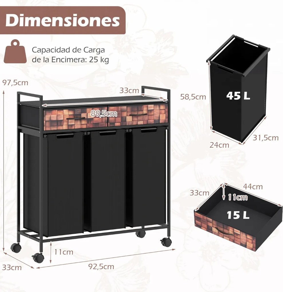 Carrinho para roupa suja com 3 compartimentos 92,5 x 33 x 97,5 cm, 135 L, com rodas, 3 sacos removíveis e 2 gavetas em tecido Oxford para casa de banh