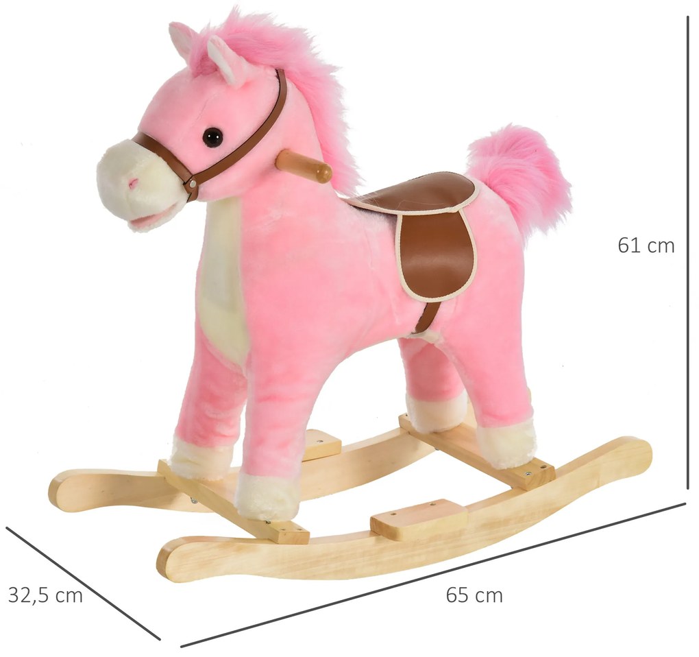 Cavalo de balanço para crianças acima de 36 meses Com boca e cauda móveis Música 65x32,5x61 cm Rosa