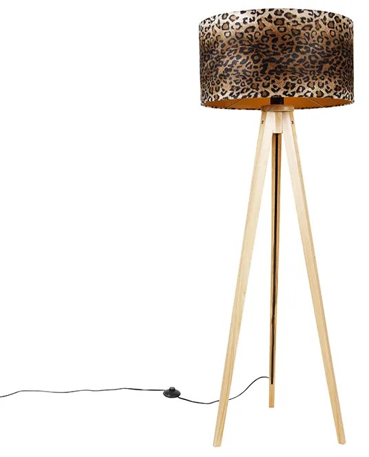 Candeeiro de pé tripé natural com cúpula de leopardo 50 cm - Tripod Classic