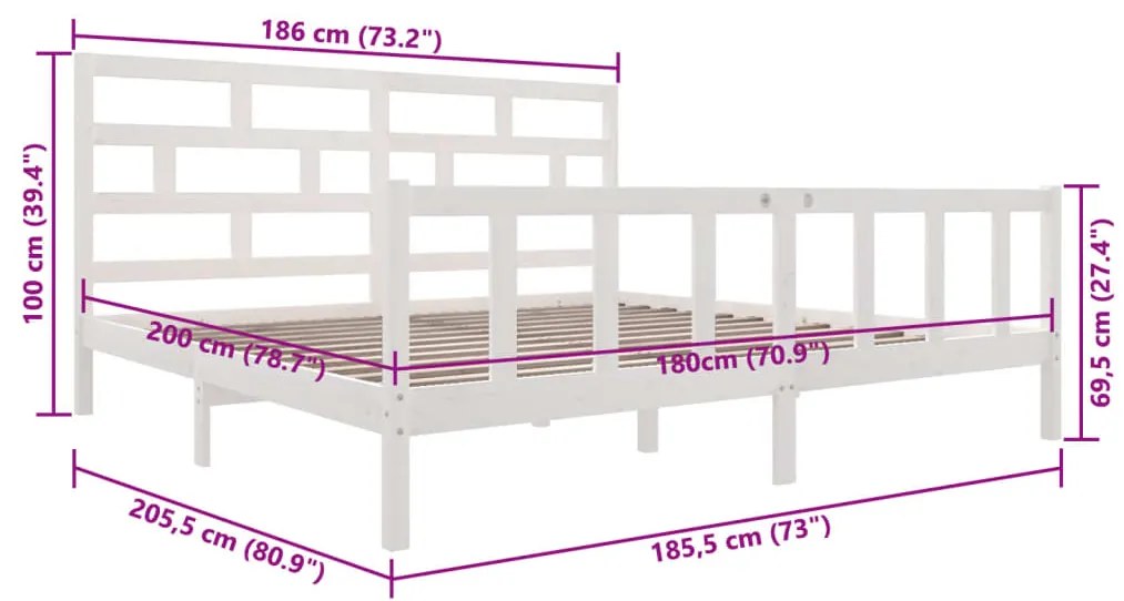 Estrutura de cama super king 180x200 cm pinho maciço branco