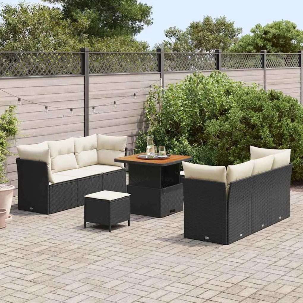Conjunto de Sofá para Jardim de 9 Peças com Almofadas em Rattan Preto