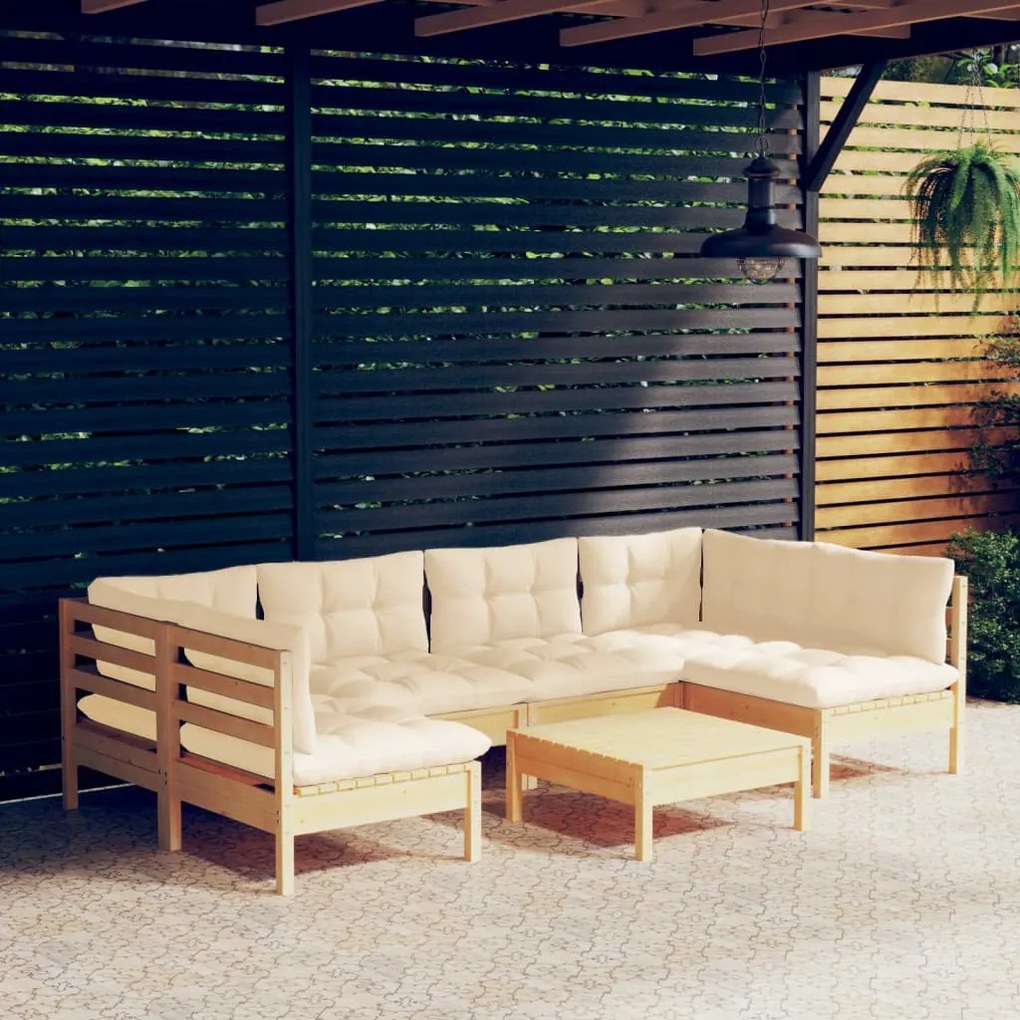 vidaXL 7 pcs conjunto lounge jardim c/ almofadões creme pinho maciço