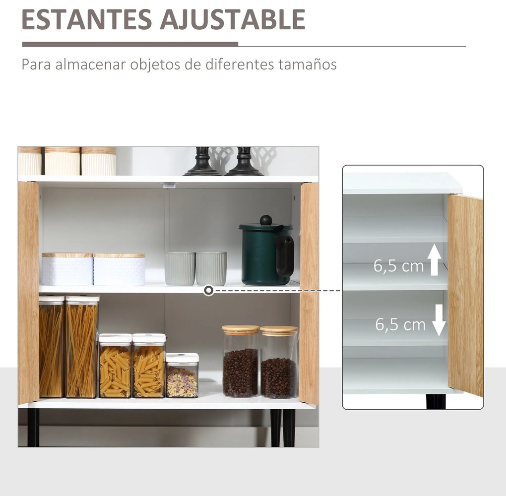 HOMCOM Aparador de Cozinha com 4 Portas Prateleiras Ajustáveis e Pés Metalicos Móvel Auxiliar Moderno para Sala de Estar Sala de Jantar 147,2x40,5x76,2cm Natural e Branco