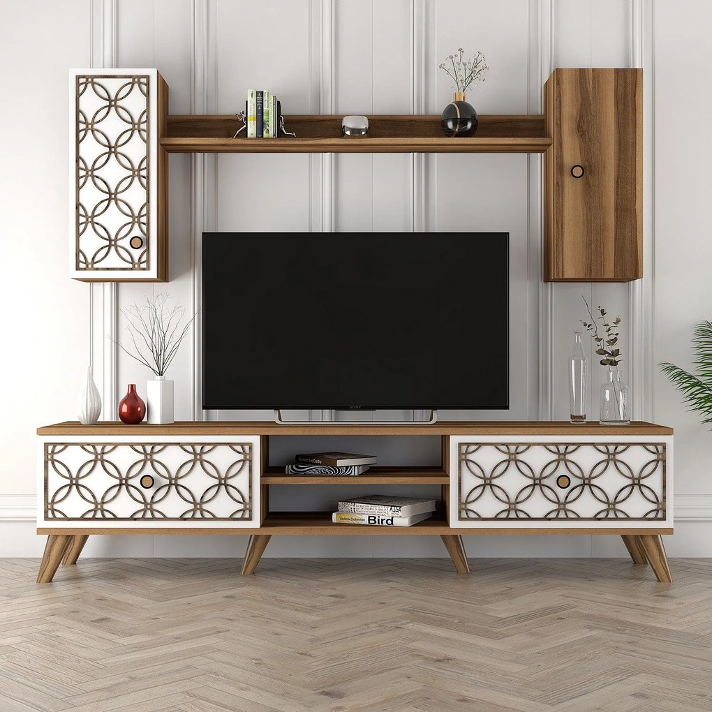 Móvel de TV ClassS – Nogueira e Branco – 180 cm x 44 cm x 35 cm