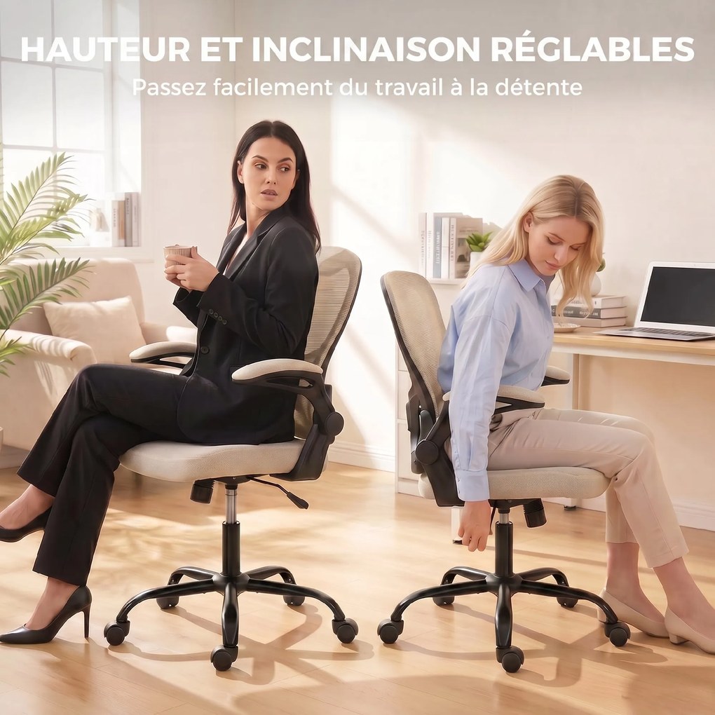 Cadeira de escritório ergonómica, cadeira de escritório em malha, braços rebatíveis, altura ajustável bege