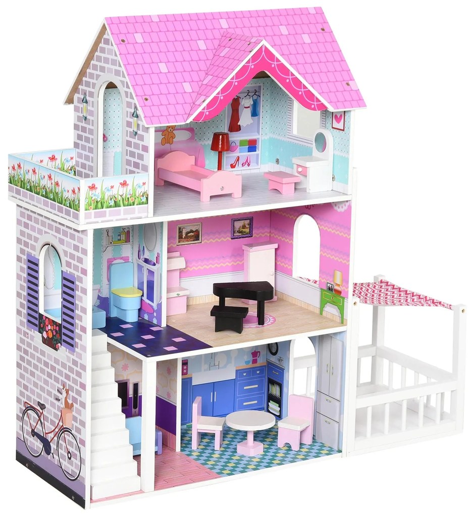 HOMCOM Casa de bonecas 3 andares com Pátio Mobília acessórios Madeira 86x30x87 cm Rosa