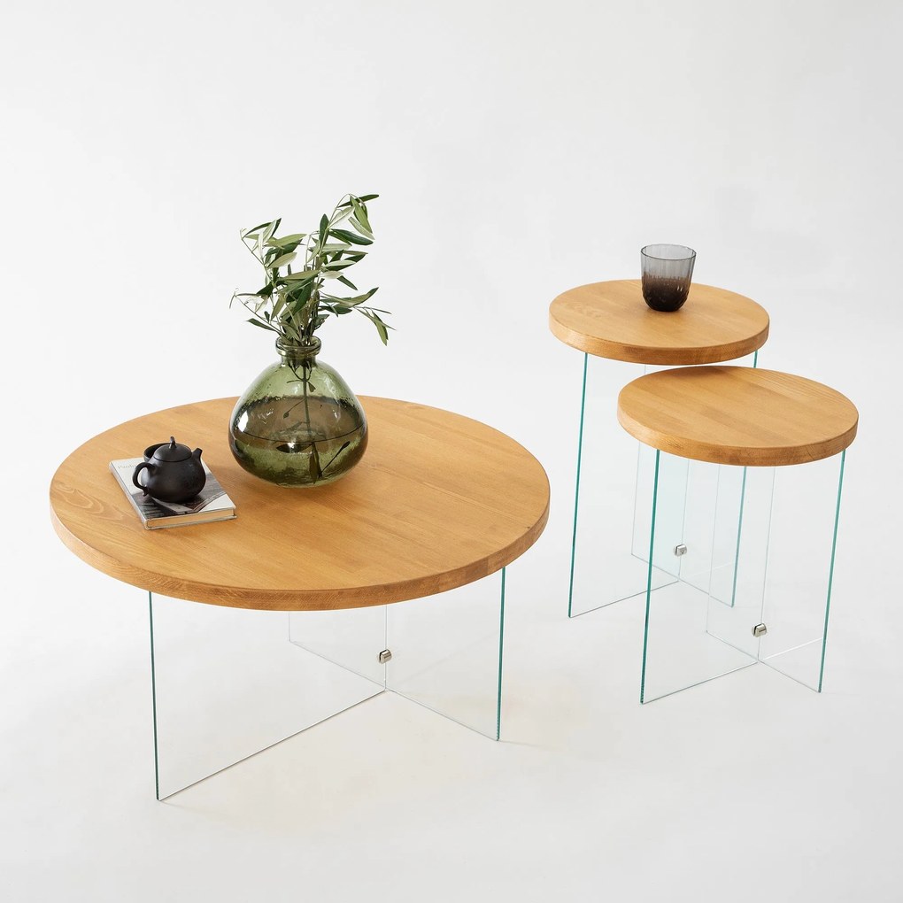 Conjunto de Mesas de Centro Serenity – Carvalho e Transparente – 35x51