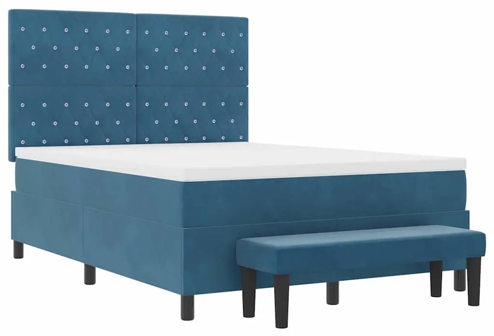 Cama Box Spring com Colchão e Banco Azul Escuro 140x190 cm Veludo