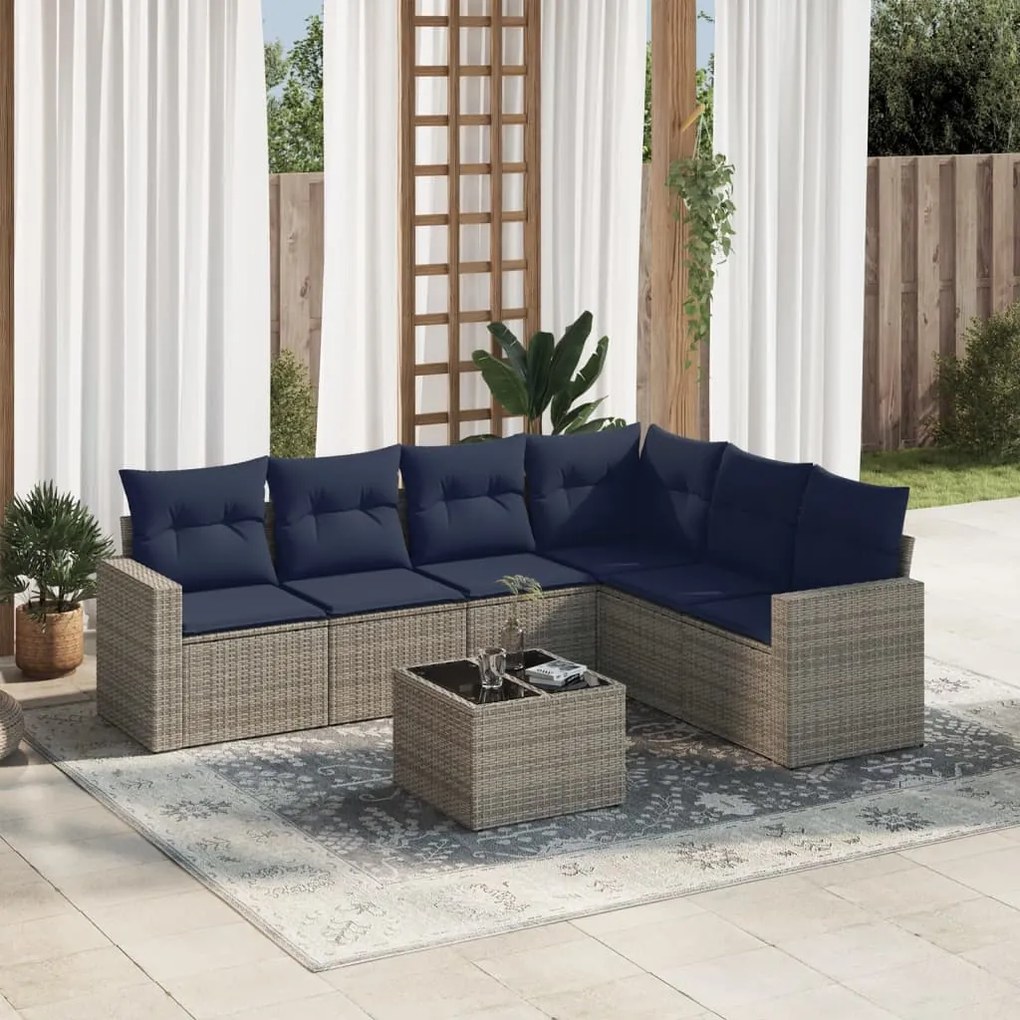 vidaXL 7 pcs conjunto sofás p/ jardim c/ almofadões vime PE cinzento